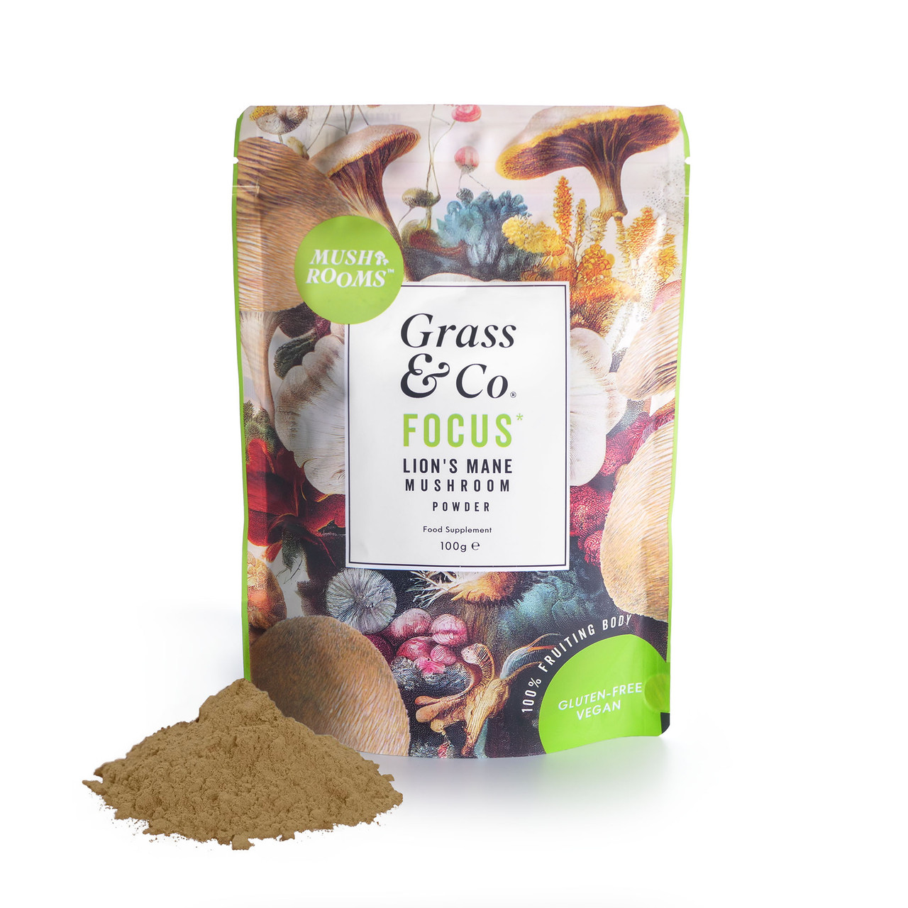 Grass & Co. FOCUS Lion's Mane Mushrooms Powder with Ginseng + Omega-3, 100g