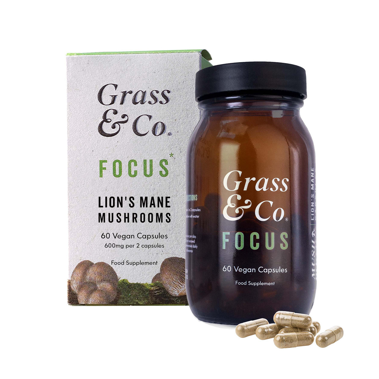 Grass & Co. FOCUS Lion's Mane Mushrooms with Ginseng + Omega-3, 60 Vegan Capsules