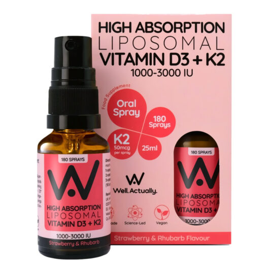 Well. Actually. Liposomal Vitamin D3+K2 Spray 1000-3000IU, Strawberry & Rhubarb Flavour, 25ml