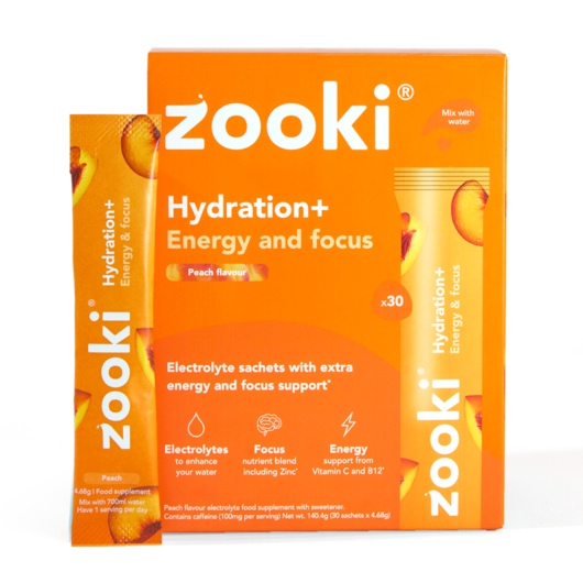 Zooki Hydration+ Energy & Focus Peach Flavour 4.7g 30 Sachets