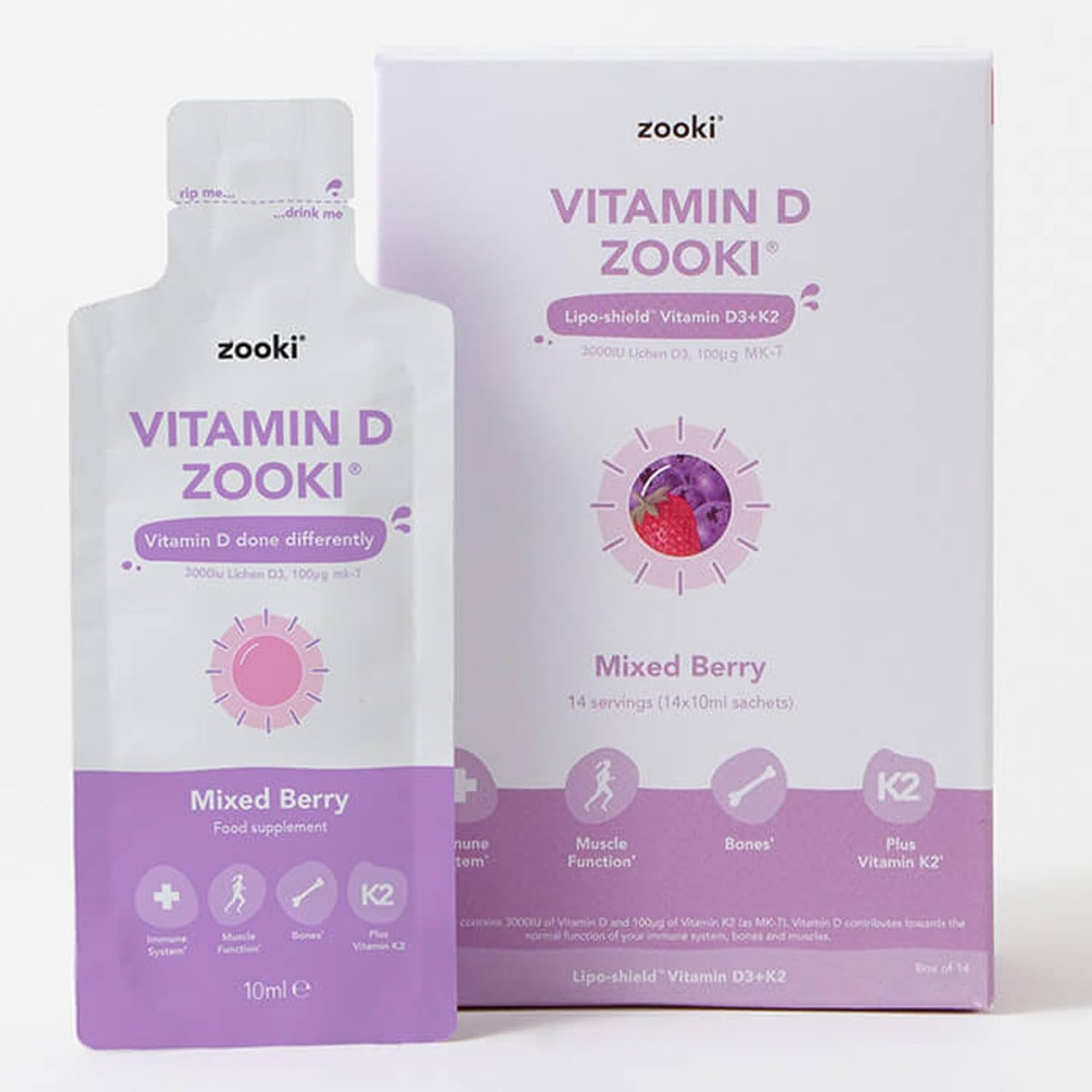 Zooki Liposomal Vitamin D3 + K2 3,000iu Mixed Berry Flavour 10ml 30 Sachets