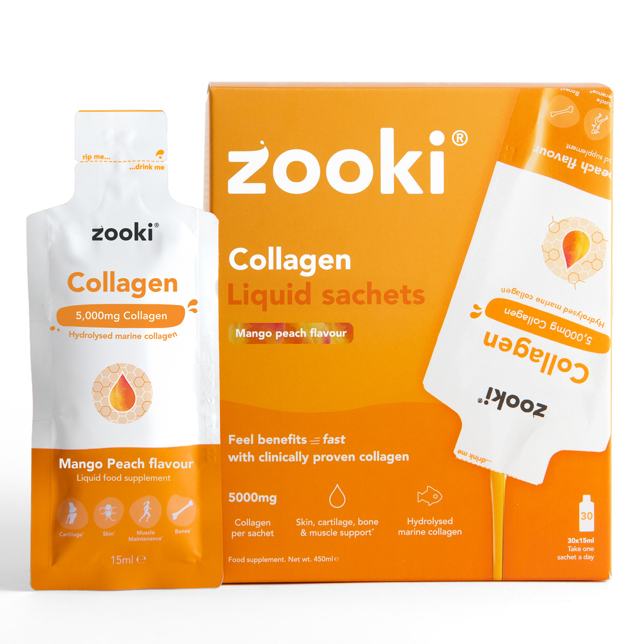 Zooki Marine Collagen 5,000mg Mango Peach Flavour 15ml 30 Sachets