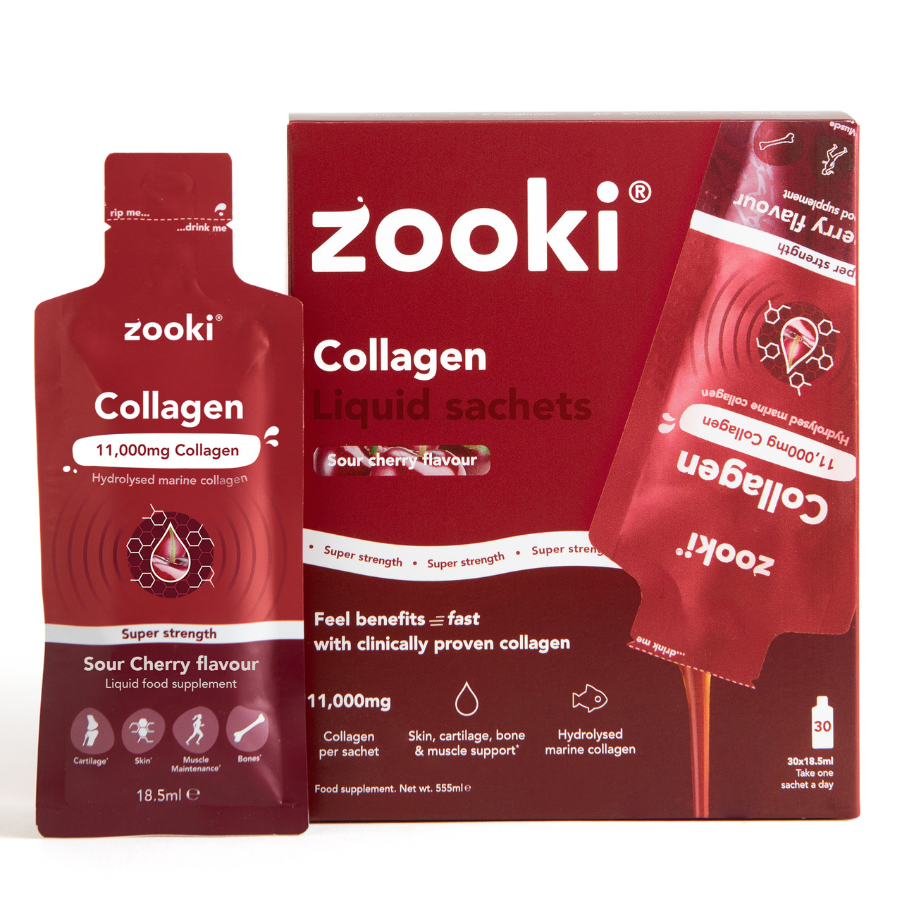 Zooki Marine Collagen Super Strength 11,000mg Sour Cherry Flavour 18.5ml 30 Sachets