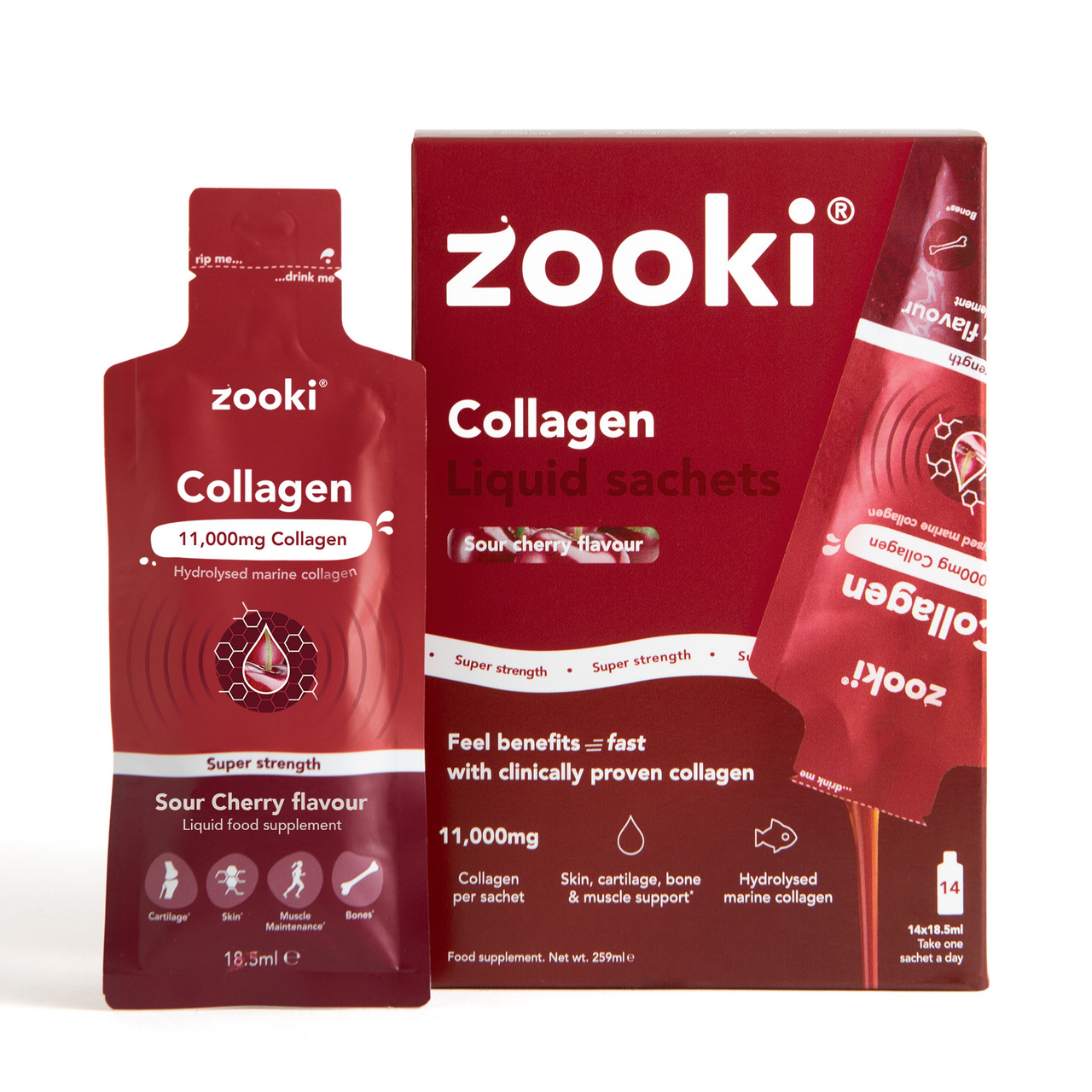 Zooki Super Strength Marine Collagen 11,000mg Sour Cherry Flavour 18.5ml 14 Sachets