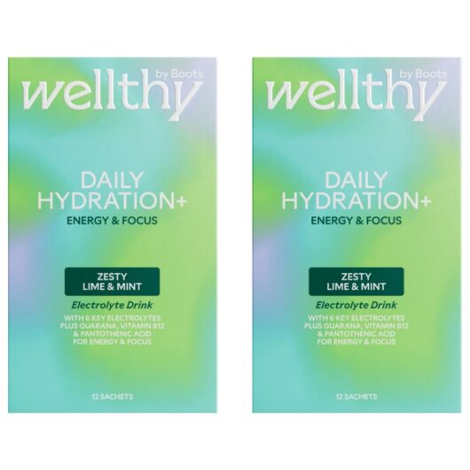 Boots Wellthy By Daily Hydration+ Electrolyte Powder, Lime & Mint Flavour, Energy And Focus 24X Sachets