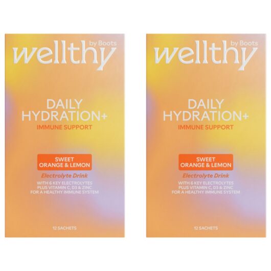 Boots Wellthy By Daily Hydration+ Electrolyte Powder, Sweet Orange & Lemon Flavour, Immune Support 24X Sachets
