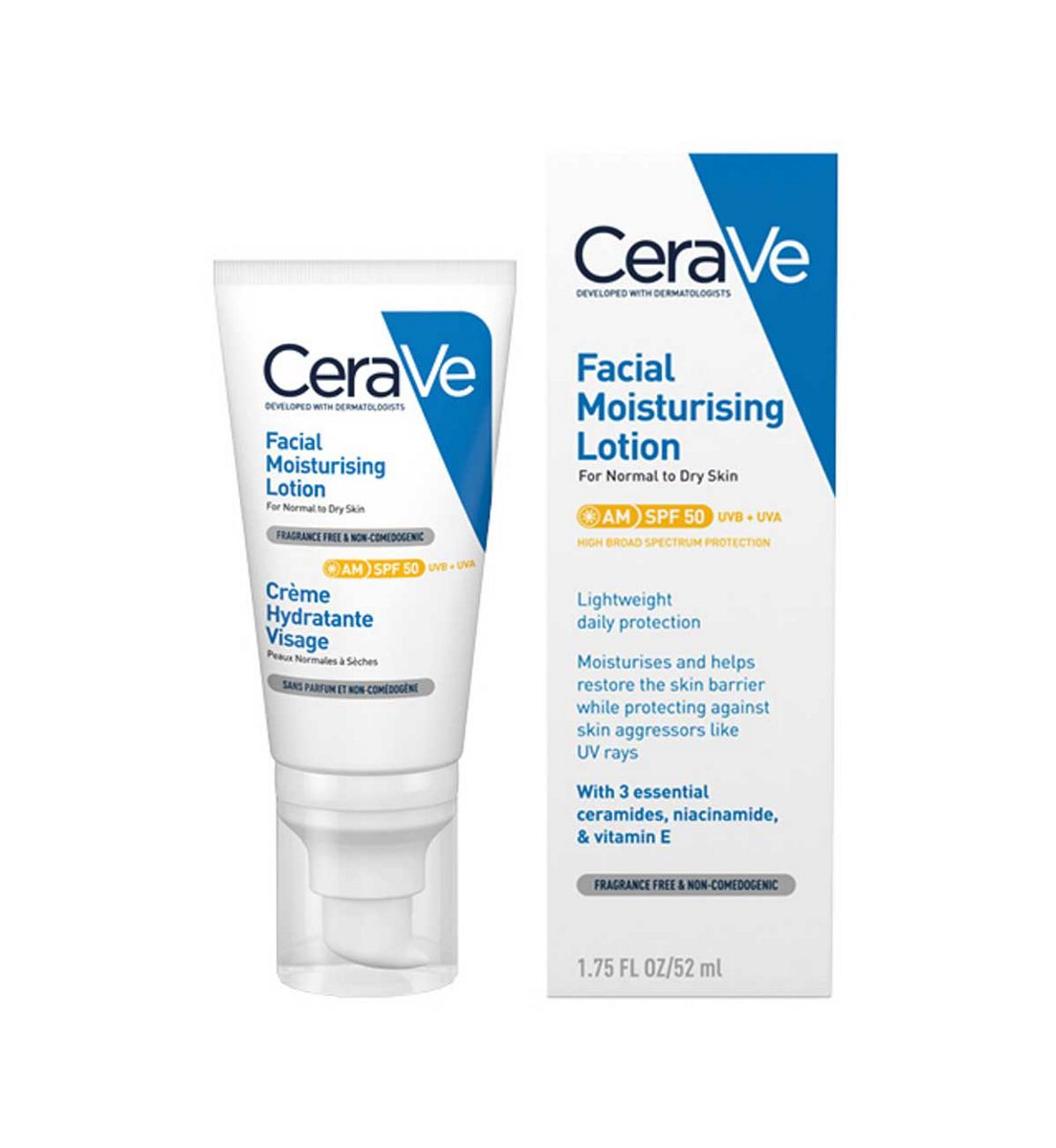 Cerave Am Facial Moisturising Lotion Spf50 With Uv Protection And 3 Essential Ceramides & Vitamin E For Normal To Dry Skin 52ml