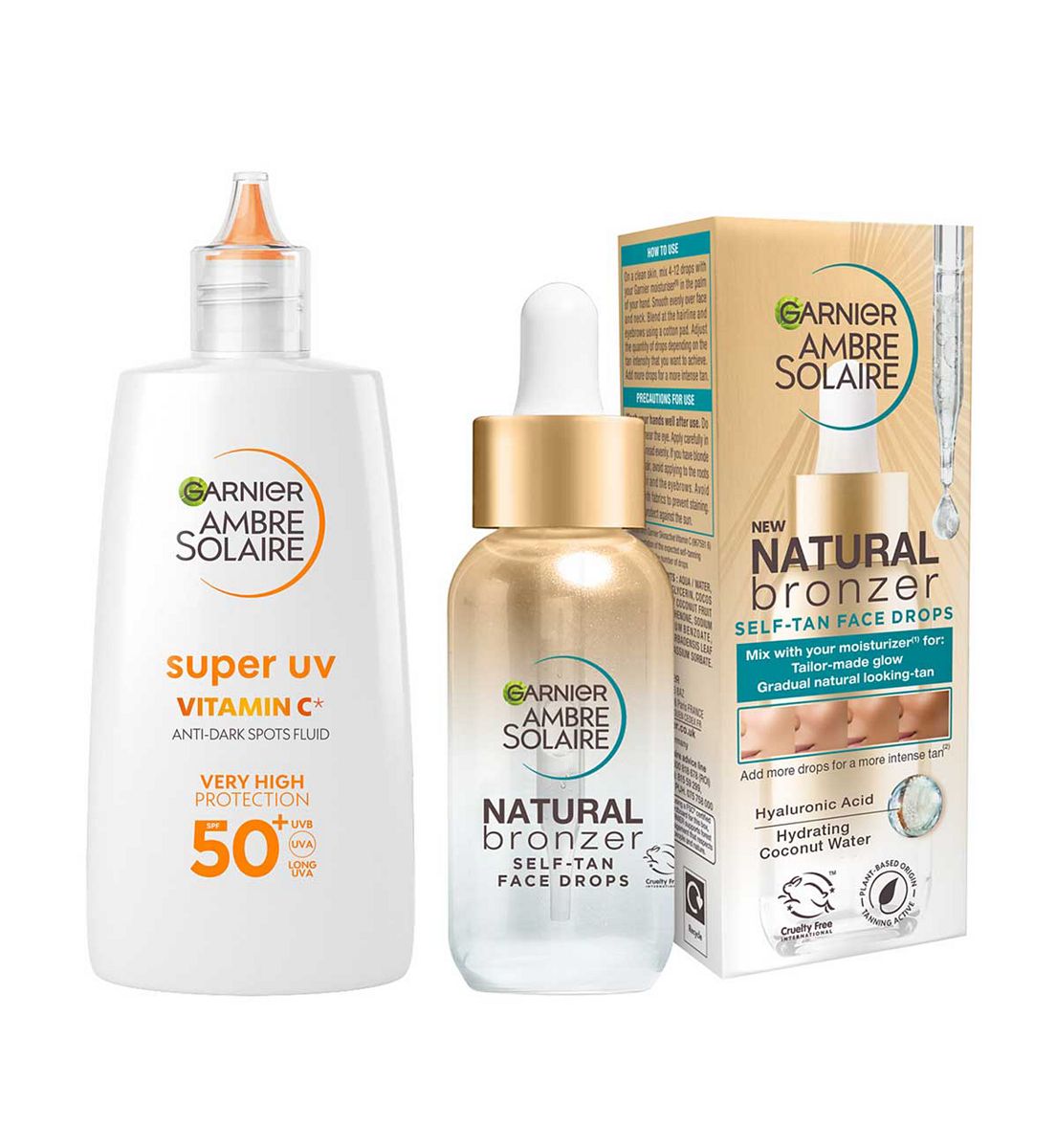 Garnier Glow & Protect Duo: Natural Bronzer Self-Tan Drops (30Ml) Ambre Solaire Vitamin C Facial Spf50+ Fluid (40Ml) Bundle