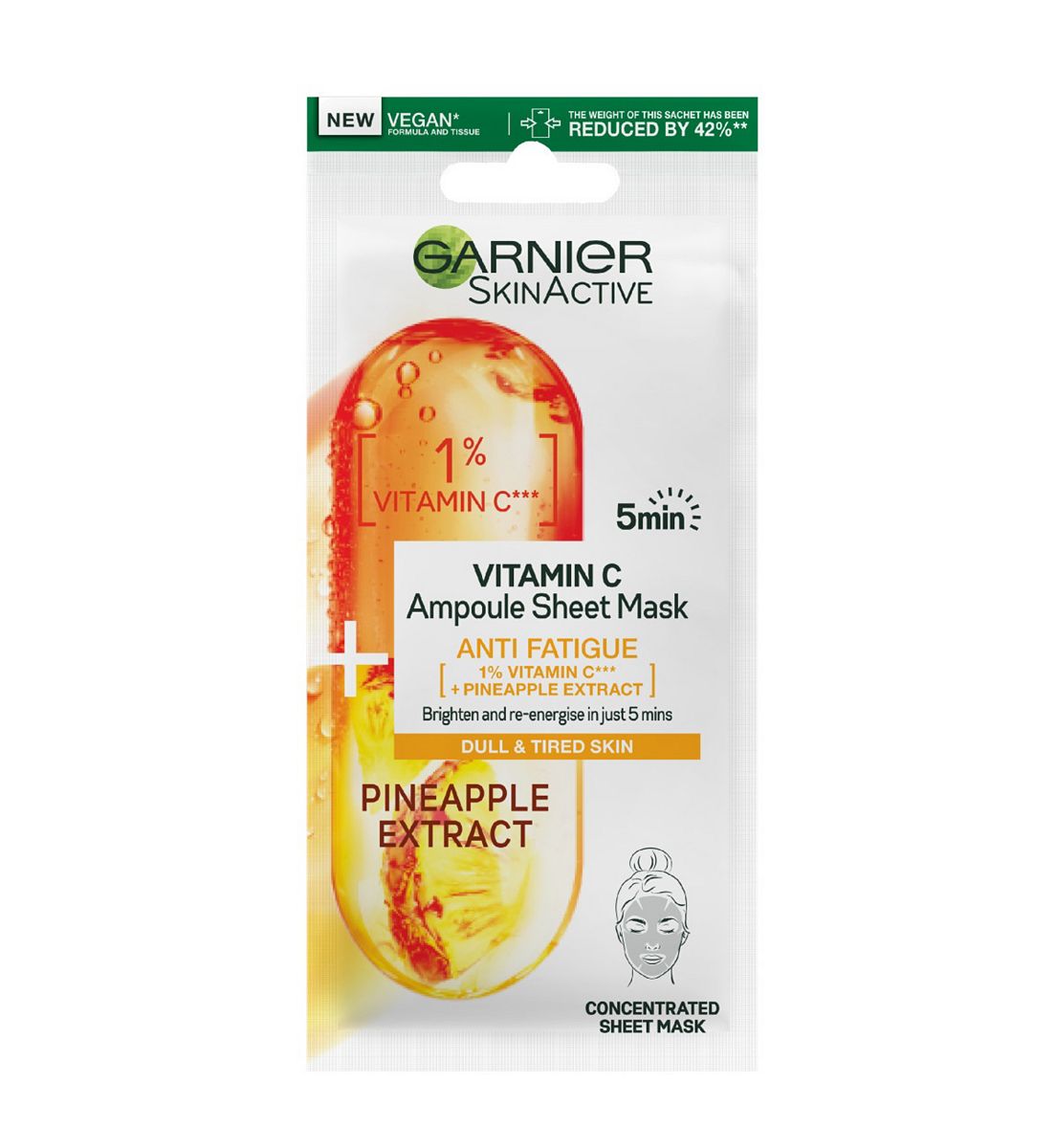 Garnier Skinactive Anti Fatigue Ampoule Sheet Mask Pineapple & 1% Vitamin C