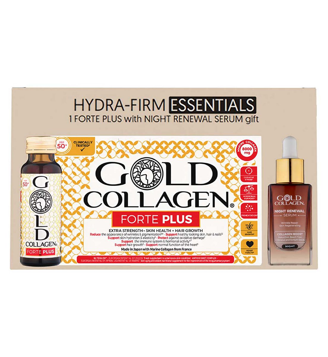 Gold Collagen Hydra-Firm Bundle Br/>Limited Edition Featuring Forte Plus Skincare Supplement + Night Renewal Face Serum