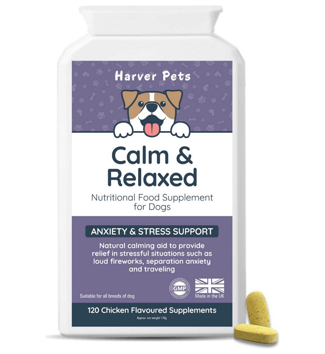 Harver Pets Calm And Relaxed Anxiety Supplement For Dogs Chicken Flavoured 120 Tablets