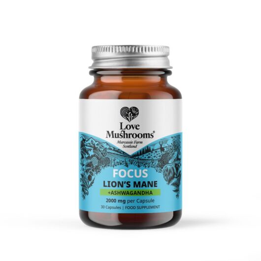 Love Mushrooms Focus Lions Mane And Ashwagandha With B12 D3 30 Capsules