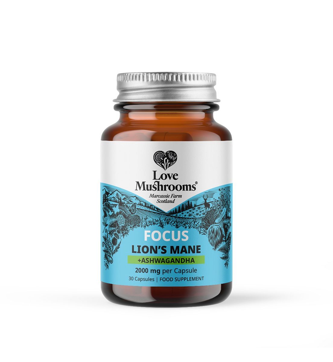 Love Mushrooms Focus Lions Mane And Ashwagandha With B12 D3 30 Capsules