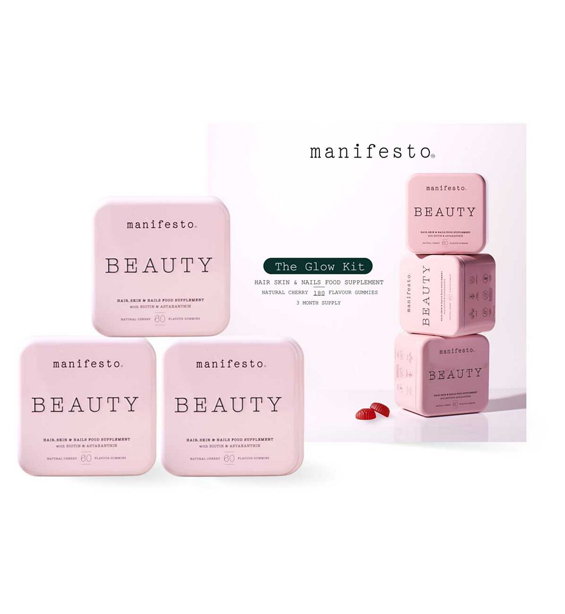 Manifesto Beauty Glow Kit 3 Month Bundle For Hair Skin & Nails 180 Gummies