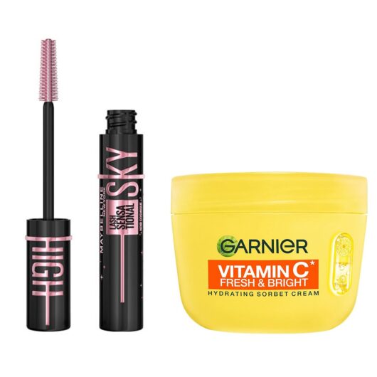 Maybelline Sky High Cosmic Black & Garnier Vitamin C Sorbet Cream