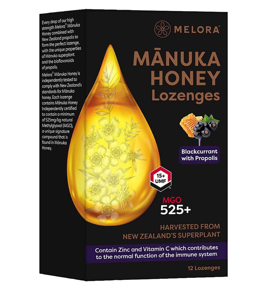 Melora Manuka Honey And Propolis Lozenges Blackcurrant 12S