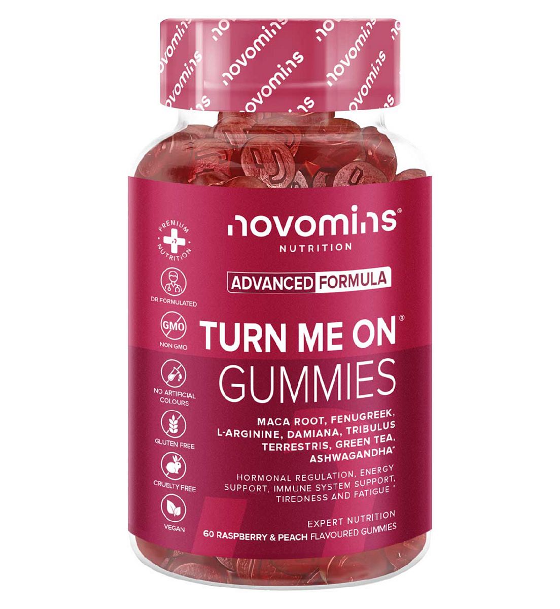 Novomins Turn-Me-On Gummies Raspberry And Peach Flavour 60S
