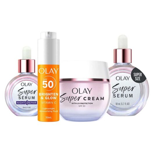 Olay Super Cream Face Moisturiser, Serum Night 30ml, 50Ml & Vit C Moisturiser Fluid Bundle