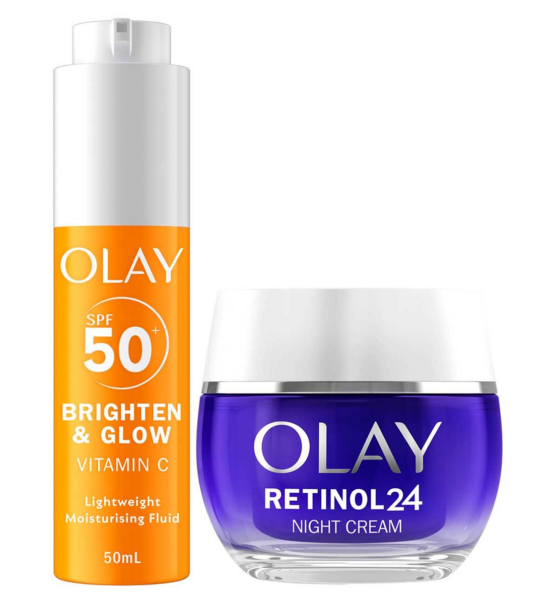 Olay Vitamin C Brighten & Glow 3In1 Moisturiser Face Fluid Spf50+ Hydrating Primer 50Ml Retinol 24 Night Cream Bundle