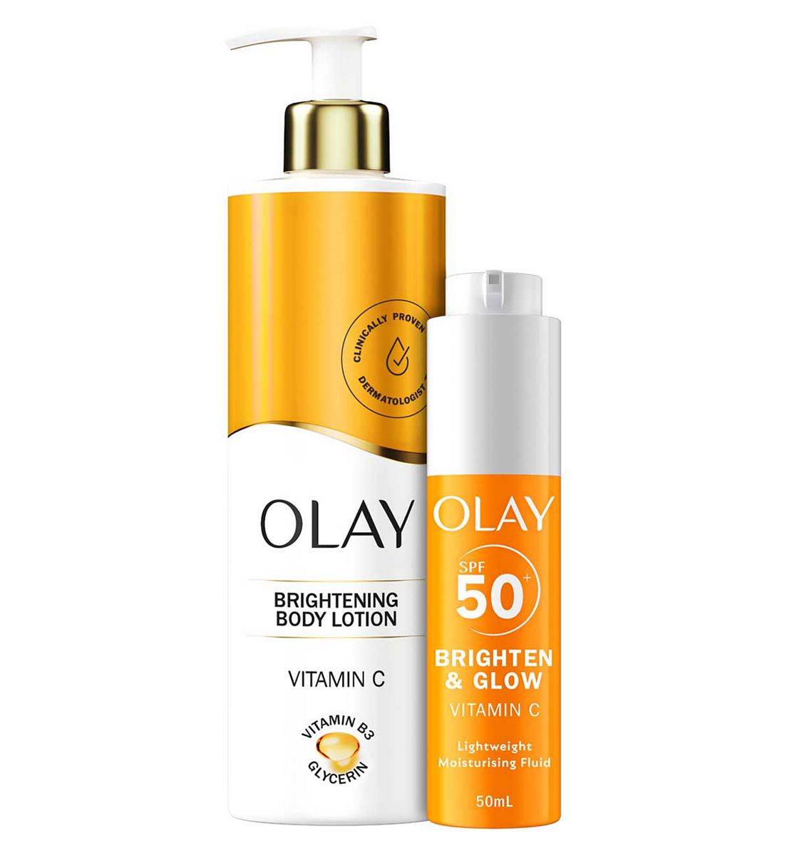 Olay Vitamin C Brightening Bundle Body Lotion 500Ml & 3-In-1 Moisturiser Face Fluid Spf50+ 50ml