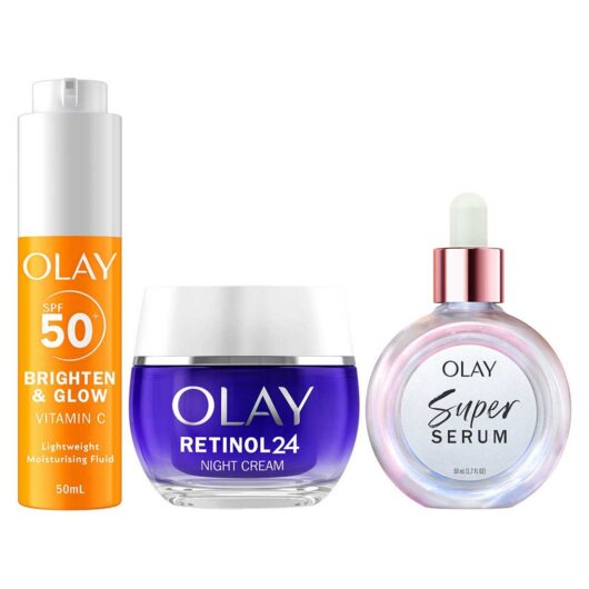 Olay Vitamin C Face Fluid Spf50, Super Serum Hydrating 50Ml & Retinol 24 Night Cream Bundle