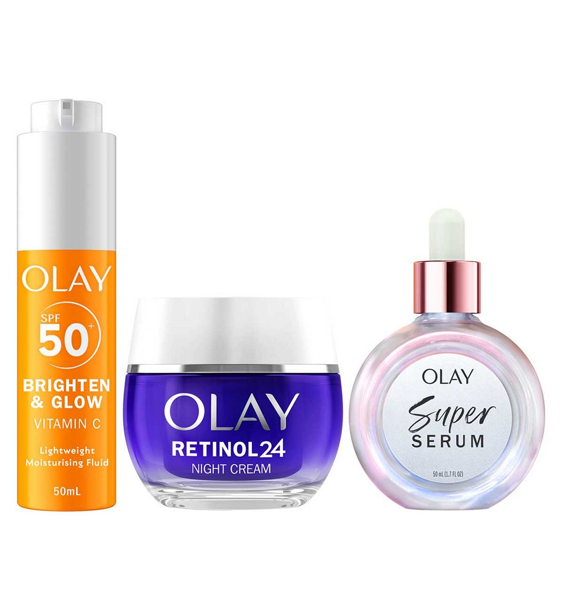 Olay Vitamin C Face Fluid Spf50, Super Serum Hydrating 50Ml & Retinol 24 Night Cream Bundle