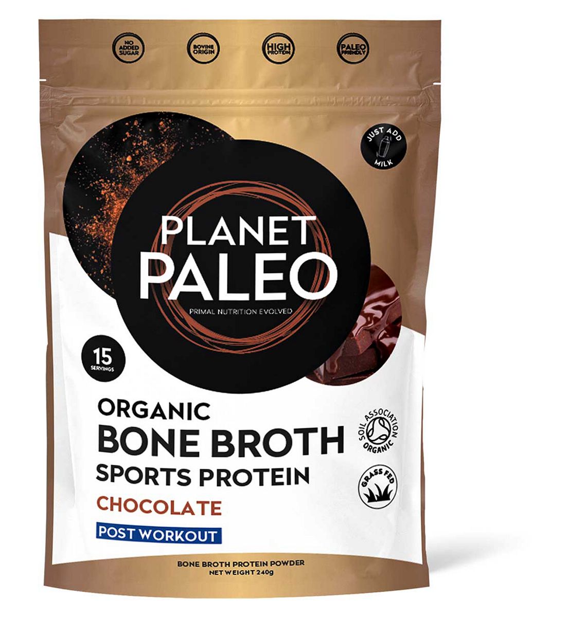 Planet Paleo Organic Bone Broth Protein Powder Sports Chocolate 240g