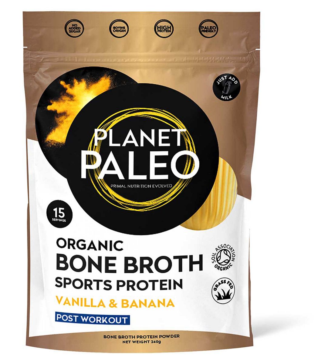 Planet Paleo Organic Bone Broth Protein Powder Sports Vanilla & Banana 240g
