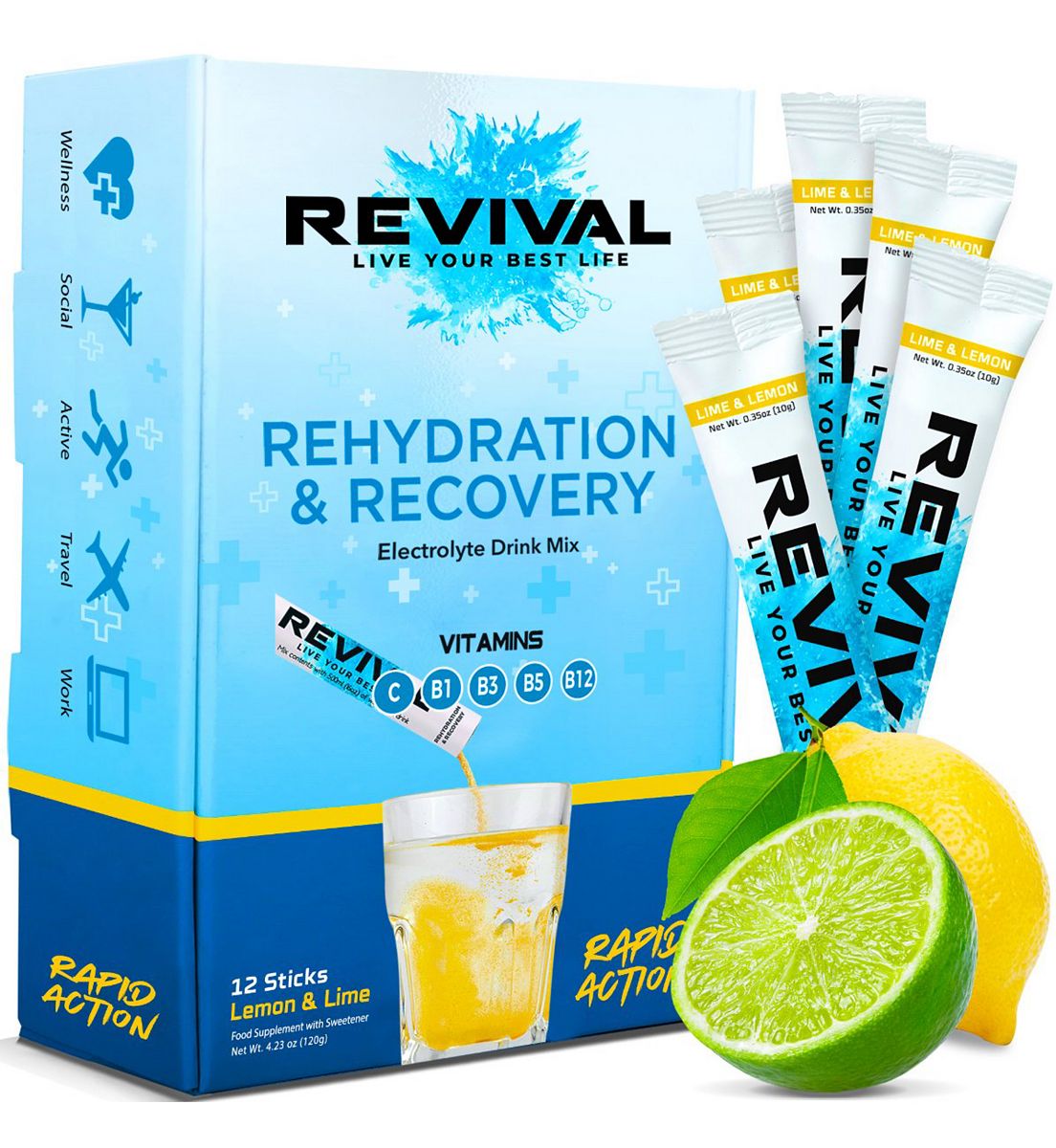 Revival Drinks Ltd Revival Rapid Rehydration - Electrolyte Powder Sachet Lemon & Lime 12 Pack