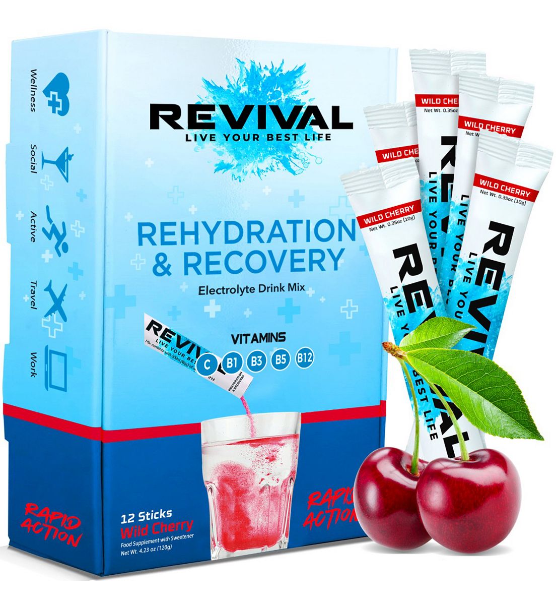 Revival Drinks Ltd Revival Rapid Rehydration - Electrolyte Powder Sachet Wild Cherry 12 Pack