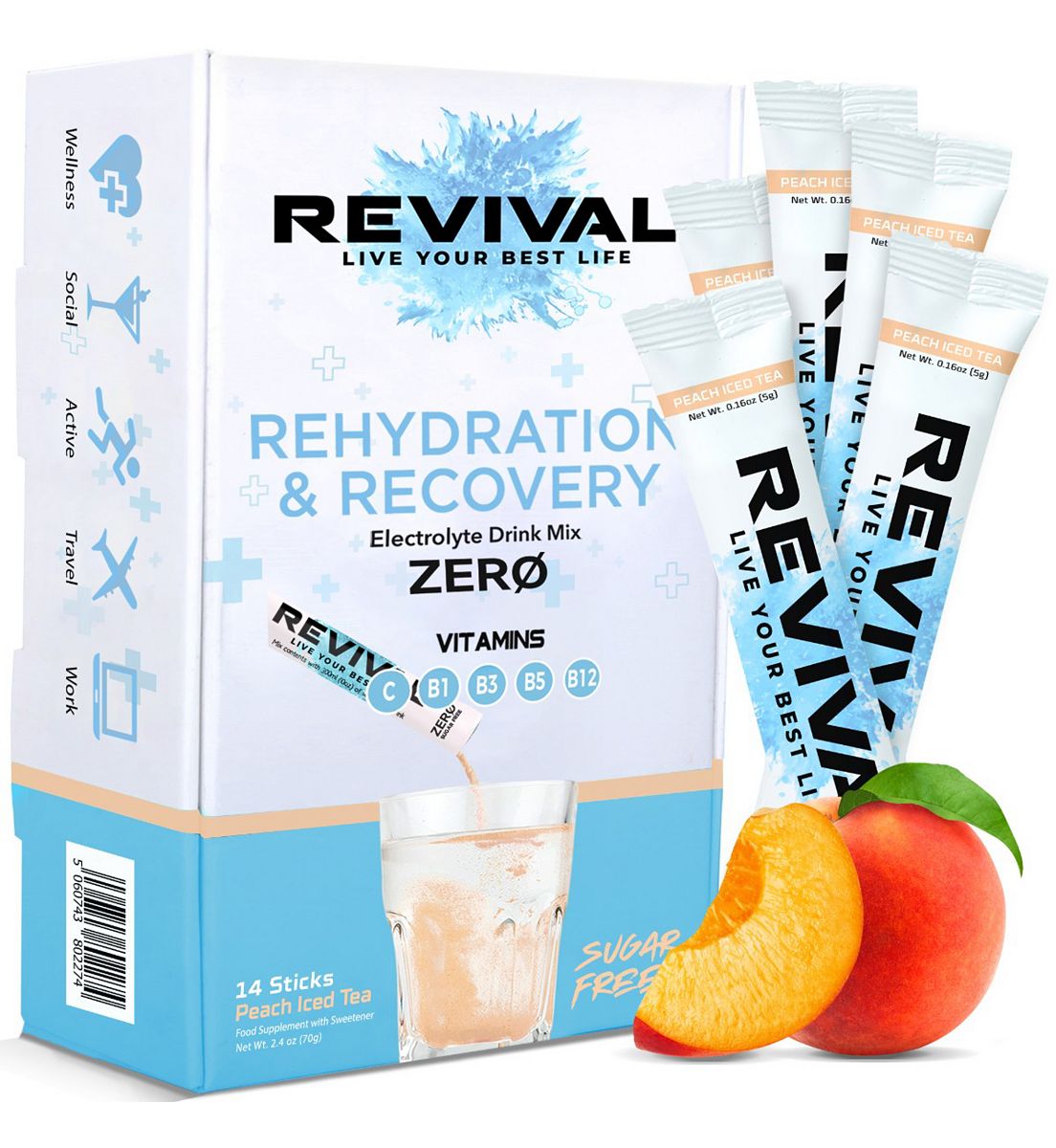 Revival Drinks Ltd Revival Zero Sugar Rehydration - Electrolyte Powder Sachet Peach Iced Tea - 14 Pack