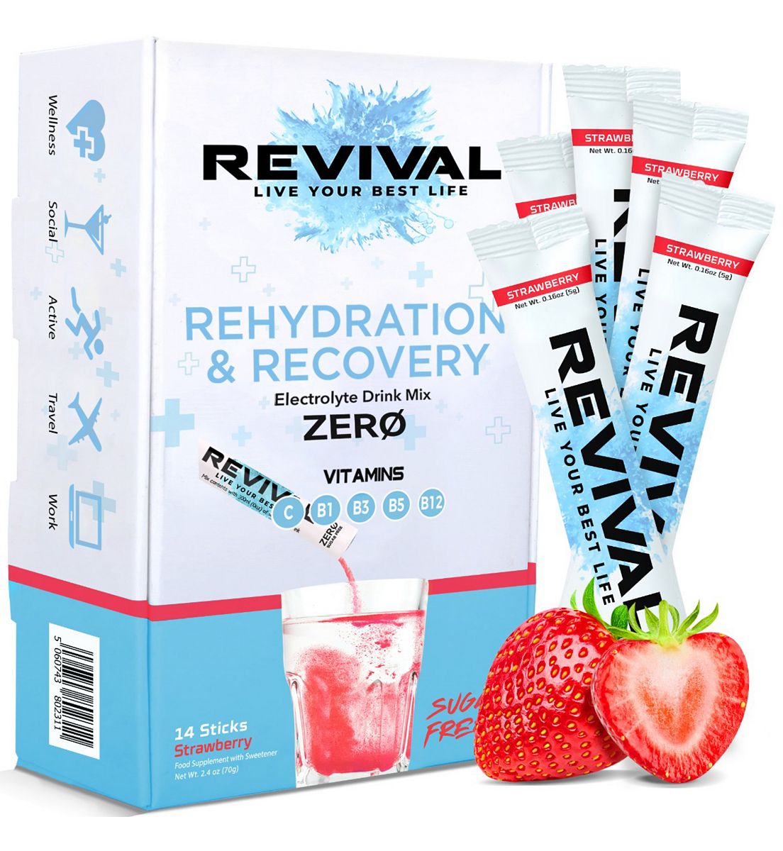 Revival Drinks Ltd Revival Zero Sugar Rehydration - Electrolyte Powder Sachet Strawberry - 14 Pack
