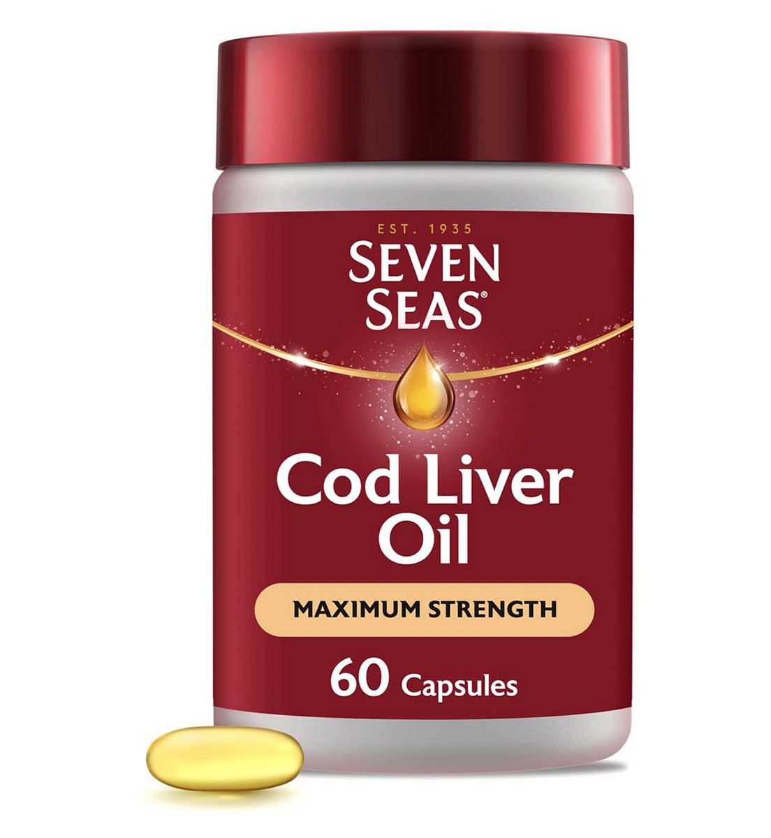 Seven Seas Cod Liver Oil Max Strength Omega-3 Fish & Vitamin D, 60 Capsules, 2 Months Supply, Caps 1050Mg