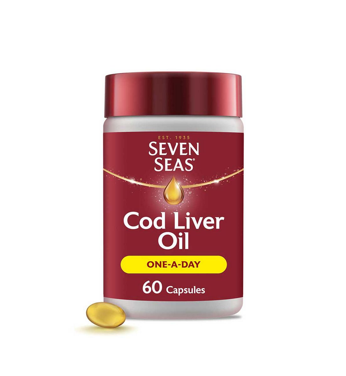 Seven Seas Cod Liver Oil One-A-Day Omega-3 Fish & Vitamin D, 60 Capsules, 2 Months Supply, Caps 500mg