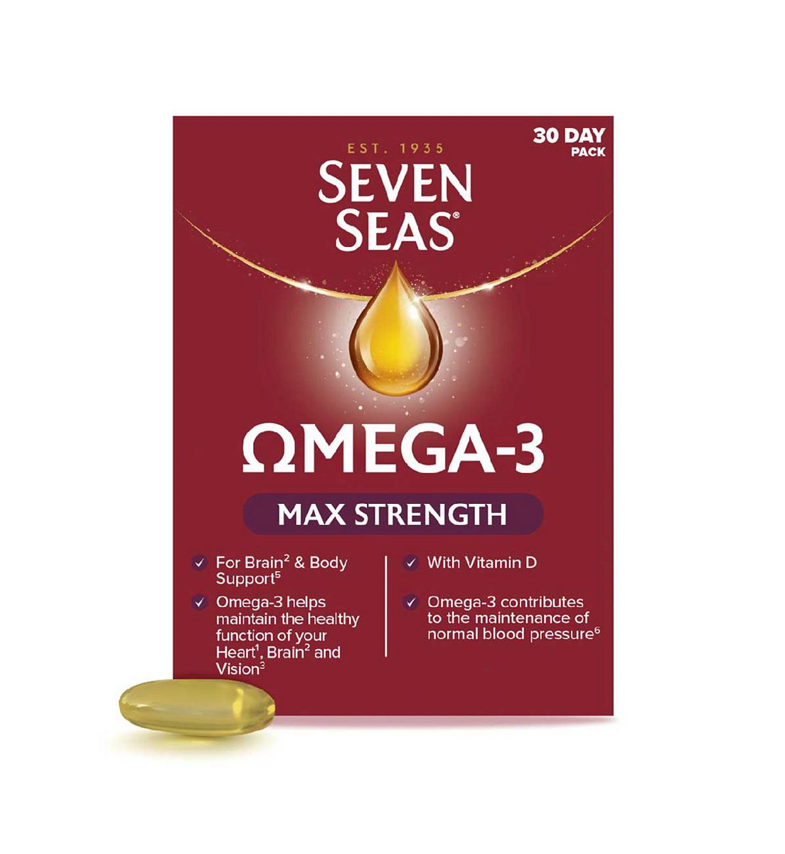 Seven Seas Omega-3 Fish Oil, Max Strength With Omega 3 And Vitamin D For Brain² & Body, 30 Capsules