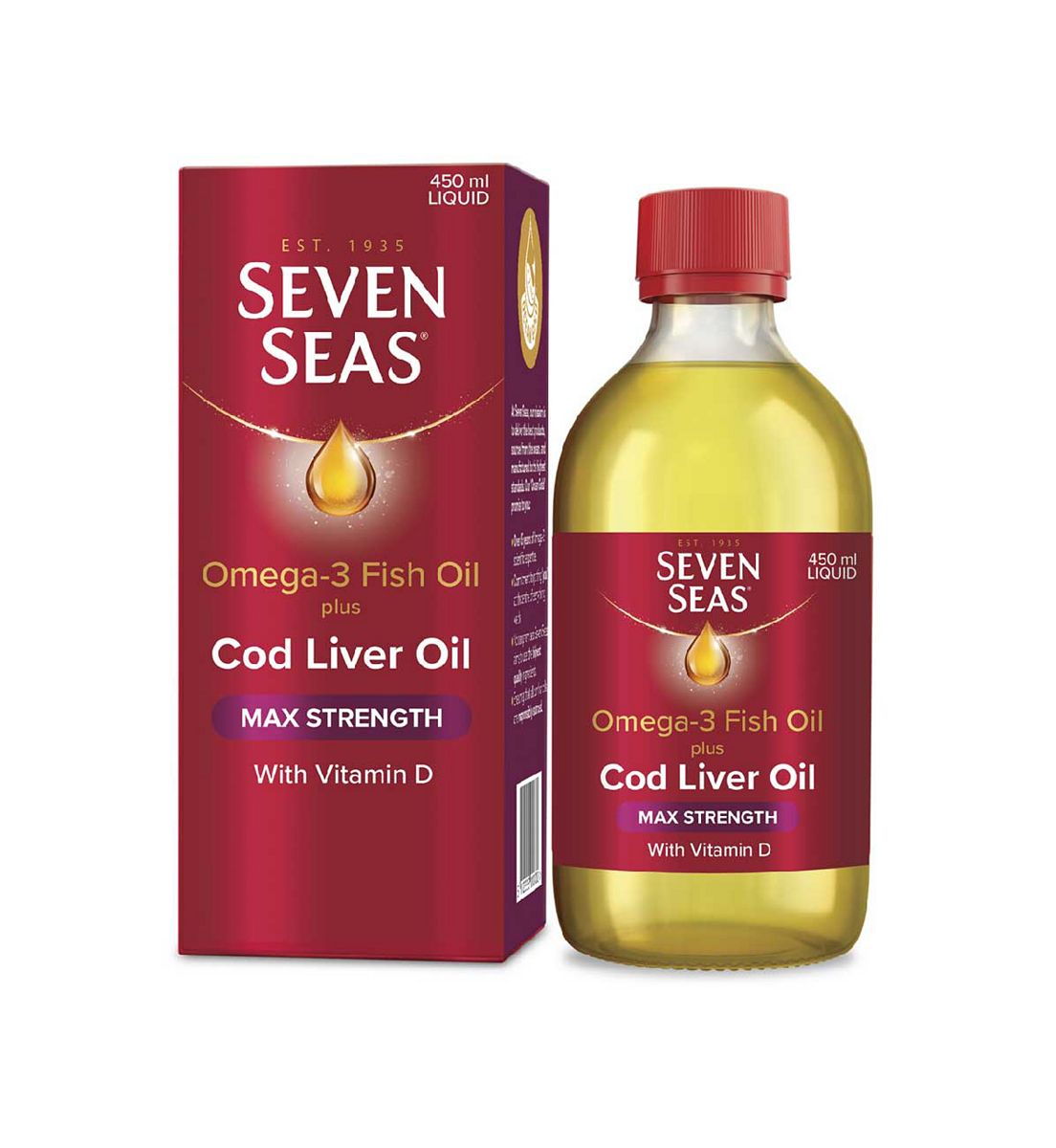 Seven Seas Omega-3 Fish Oil Plus Cod Liver Max Strength 450Ml Liquid. With Vitamins D And E