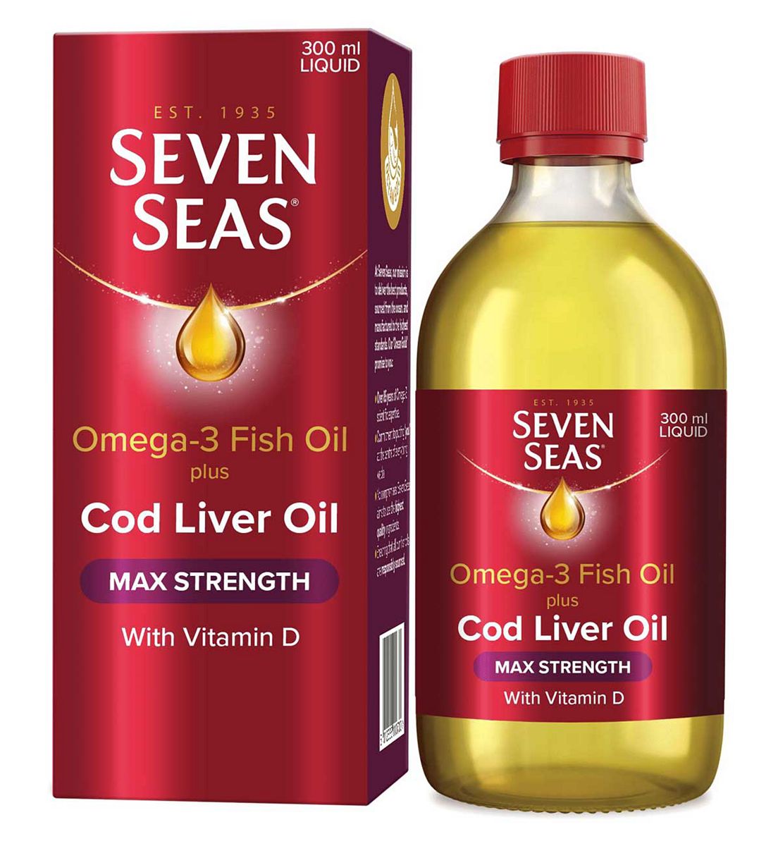 Seven Seas Omega-3 Fish Oil Plus Cod Liver Max Strength With Vitamins D And Vitamin E, 300 ml