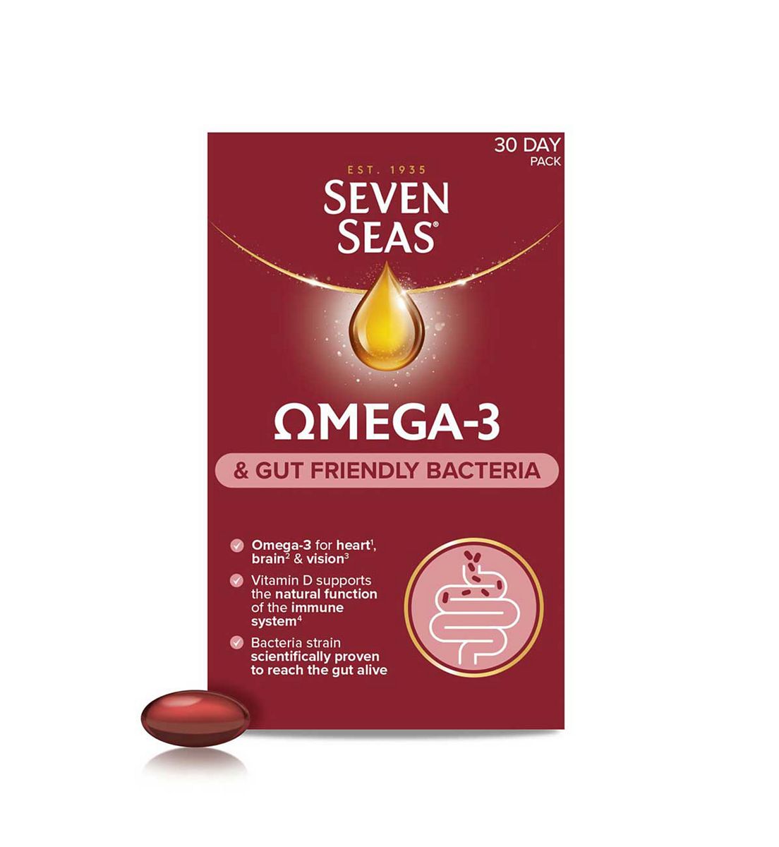 Seven Seas Omega-3 & Gut Friendly Bacteria: With Vitamin D, And Bacillus Subtilis, Food Supplements, 30-Day Pack