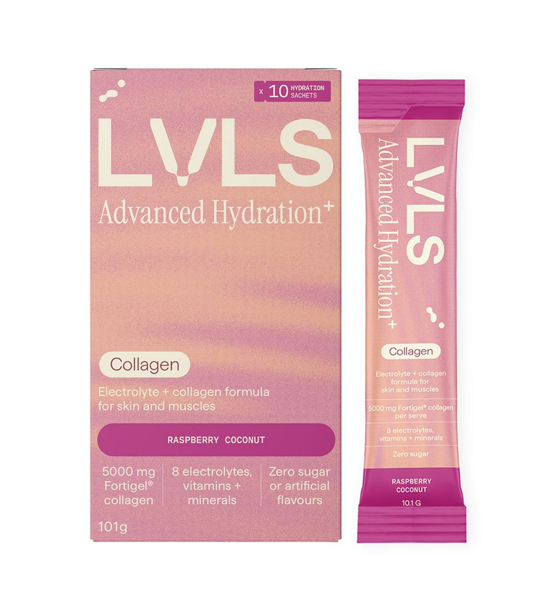 YOURLVLS Lvls Advanced Hydration+ 5000Mg Collagen Electrolyte Powder Raspberry Coconut 10 Pack