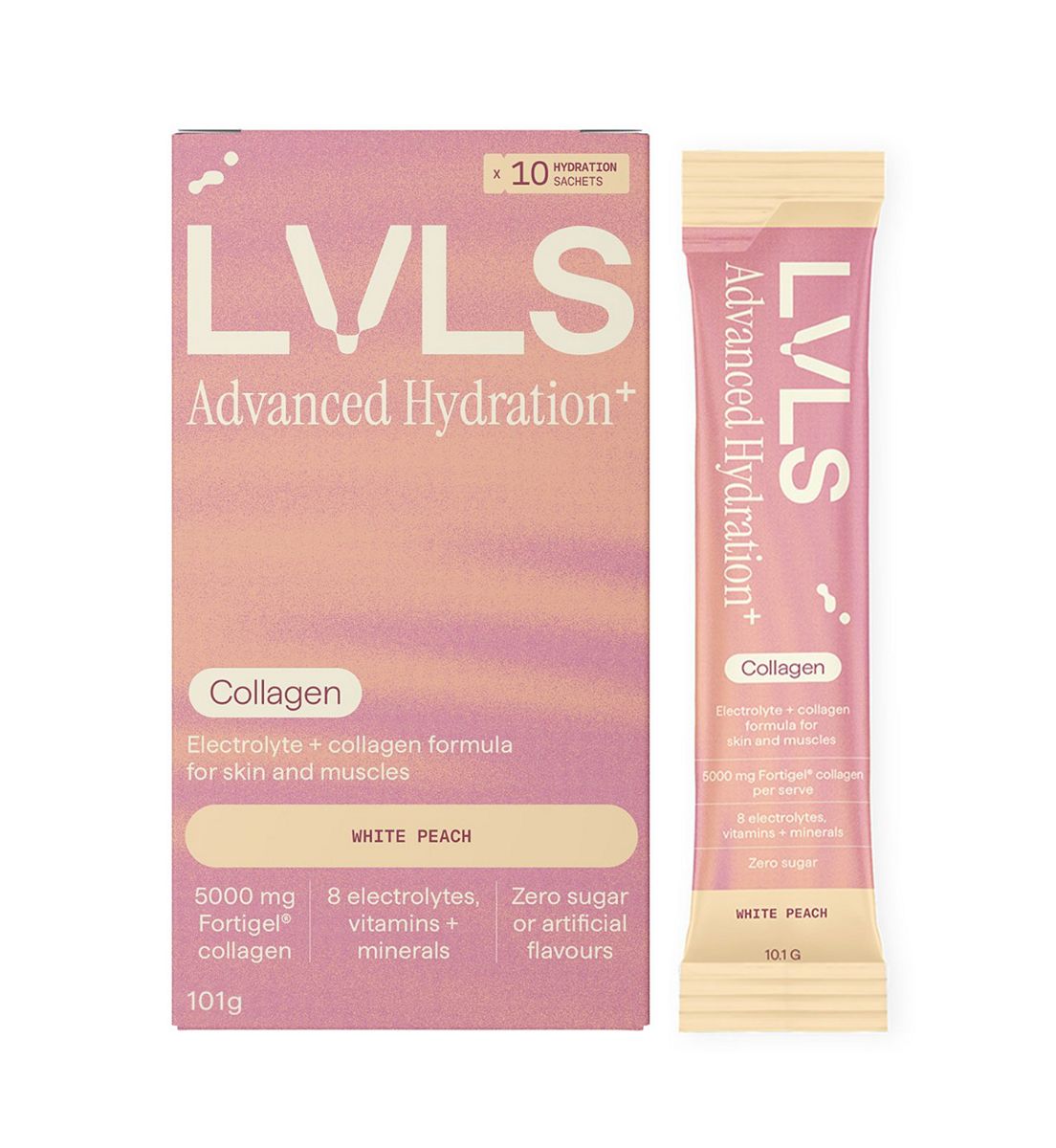 YOURLVLS Lvls Advanced Hydration+ 5000Mg Collagen Electrolyte Powder White Peach 10 Pack