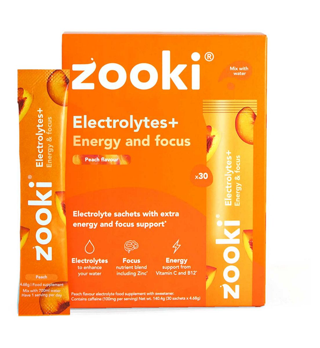 Zooki Electrolytes+ Energy & Focus, Peach Flavour - 30 Sachets