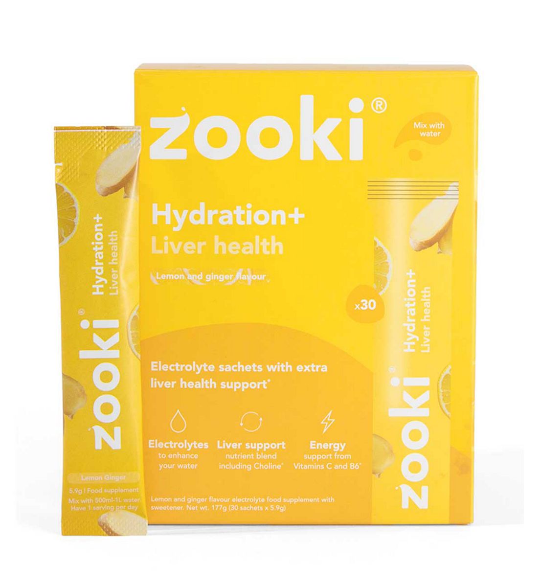 Zooki Electrolytes+ Liver Health, Lemon Ginger Flavour - 30 Sachets