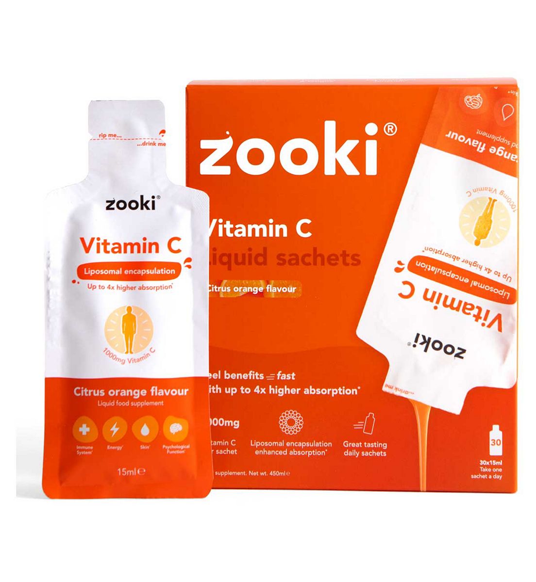 Zooki Liposomal Vitamin C 1,000Mg, Citrus Orange Flavour - 30X15Ml Liquid Sachets, 1000mg