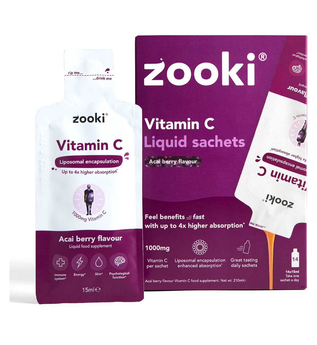 Zooki Liposomal Vitamin C, Acai Berry Flavour 15ml - 14 Liquid Sachets