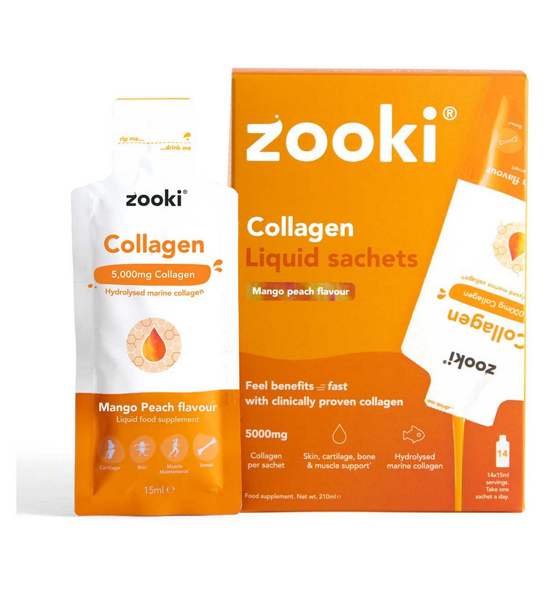 Zooki Marine Collagen 5,000Mg, Mango Peach Flavour - 14X15Ml Liquid Sachets, 5000mg