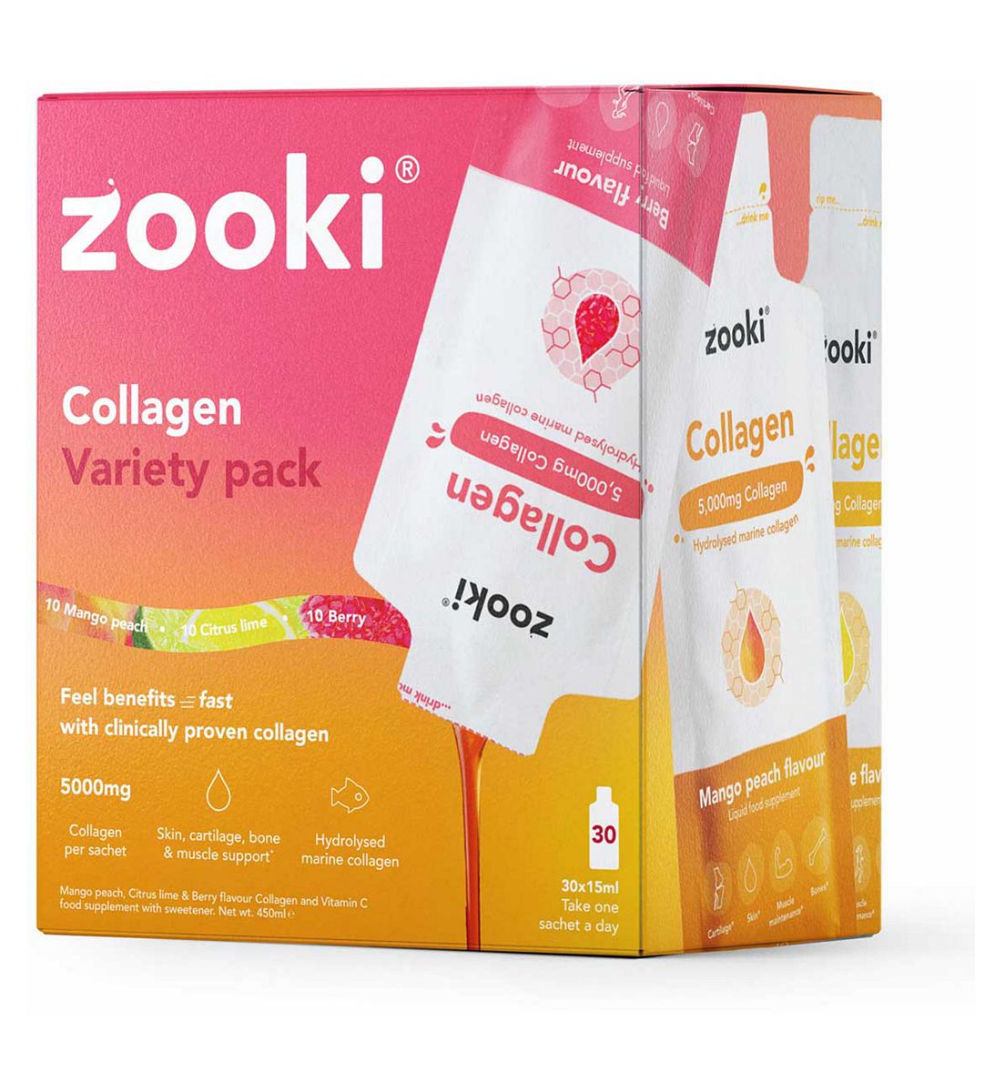 Zooki Marine Collagen 5,000Mg, Variety Pack - 30X15Ml Liquid Sachets, 5000mg
