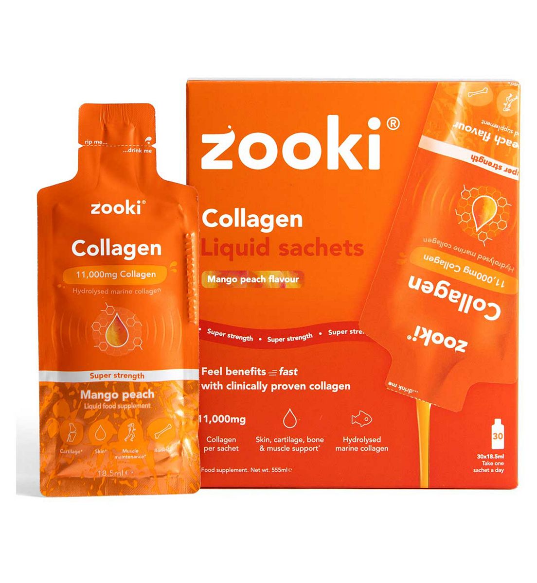 Zooki Super Strength Marine Collagen 11,000Mg, Mango Peach Flavour - 30X18.5Ml Liquid Sachets