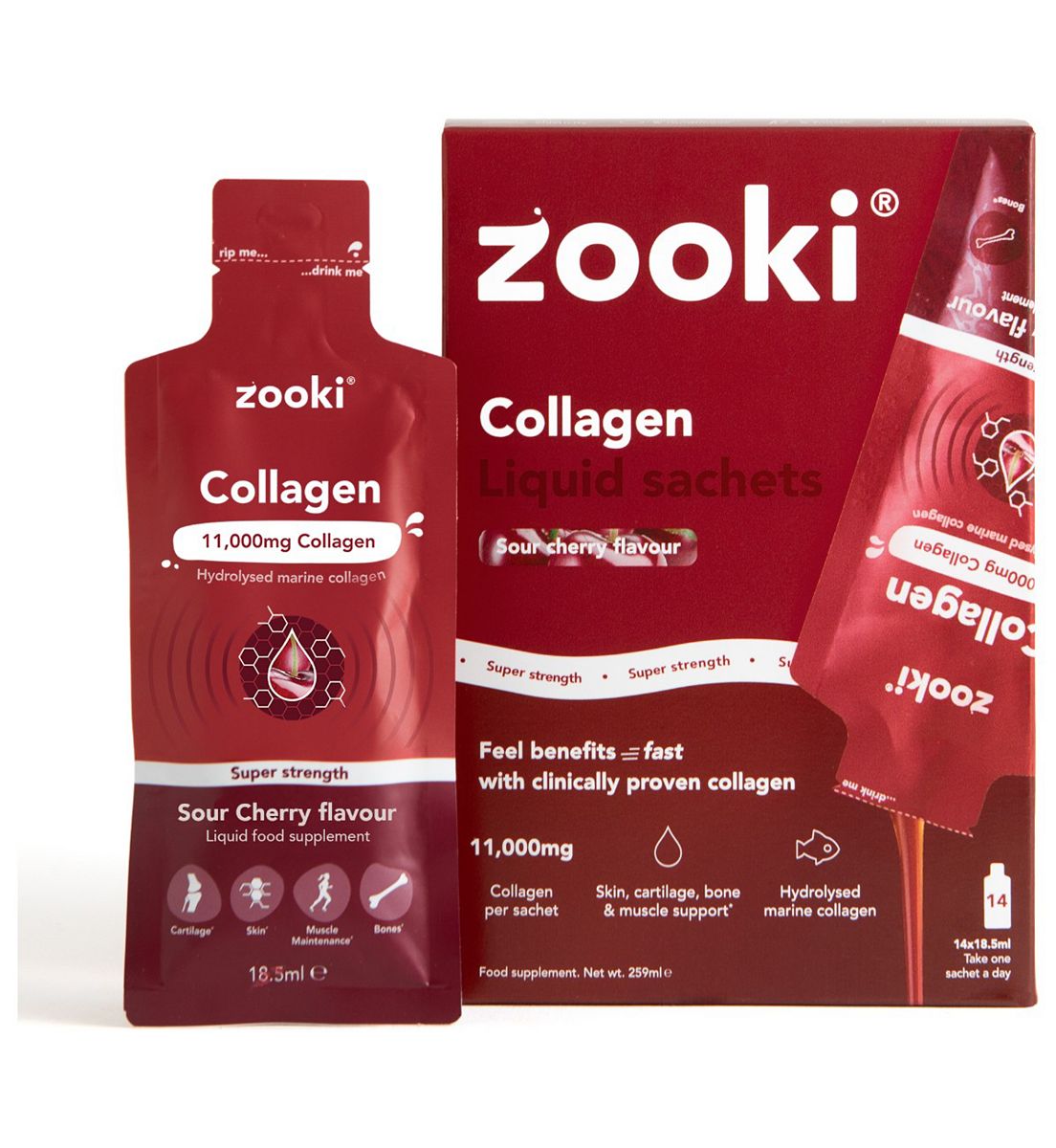 Zooki Super Strength Marine Collagen 11,000Mg, Sour Cherry Flavour -14X18.5Ml Liquid Sachets