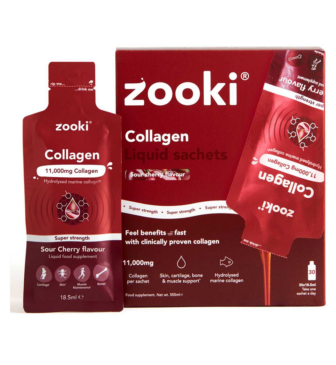Zooki Super Strength Marine Collagen 11,000Mg, Sour Cherry Flavour - 30X18.5Ml Liquid Sachets