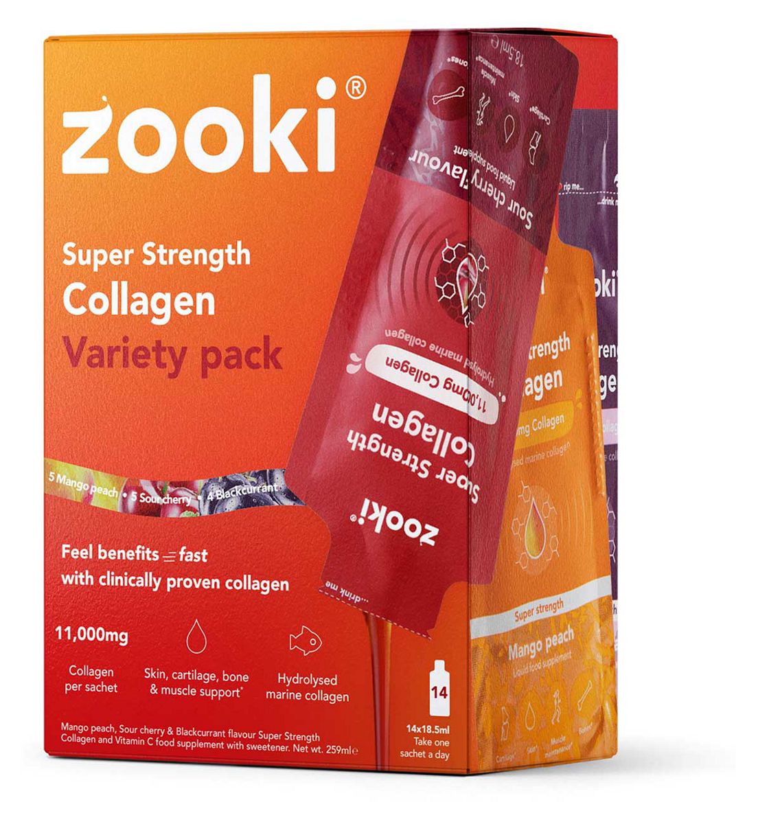 Zooki Super Strength Marine Collagen 11,000Mg, Variety Pack - 14X18.5Ml Liquid Sachets